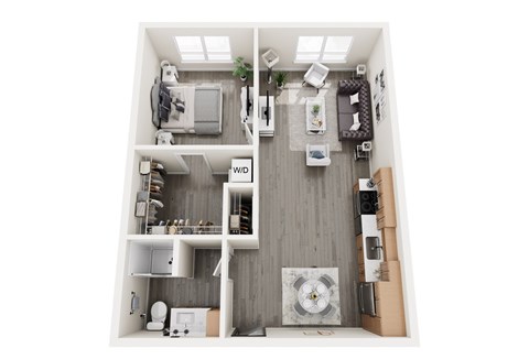 Floor plan for 1 bed, 1 bath, 764 sqft
